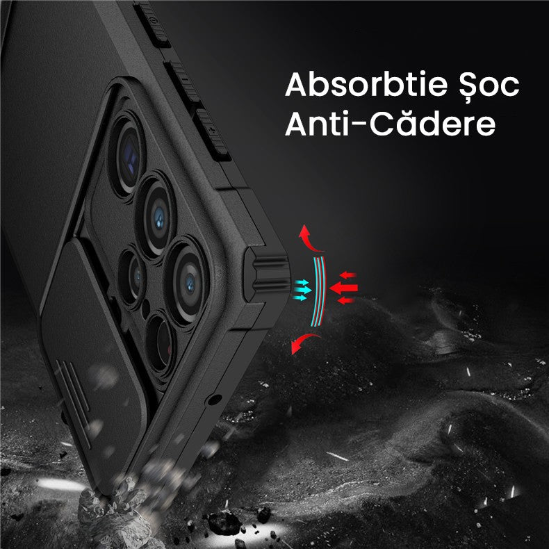 Husa Defender cu Stand pentru Samsung Galaxy S24 FE, Vivimall, Suport reglabil, Antisoc, Protectie glisanta pentru camera, Negru - vivimall.ro