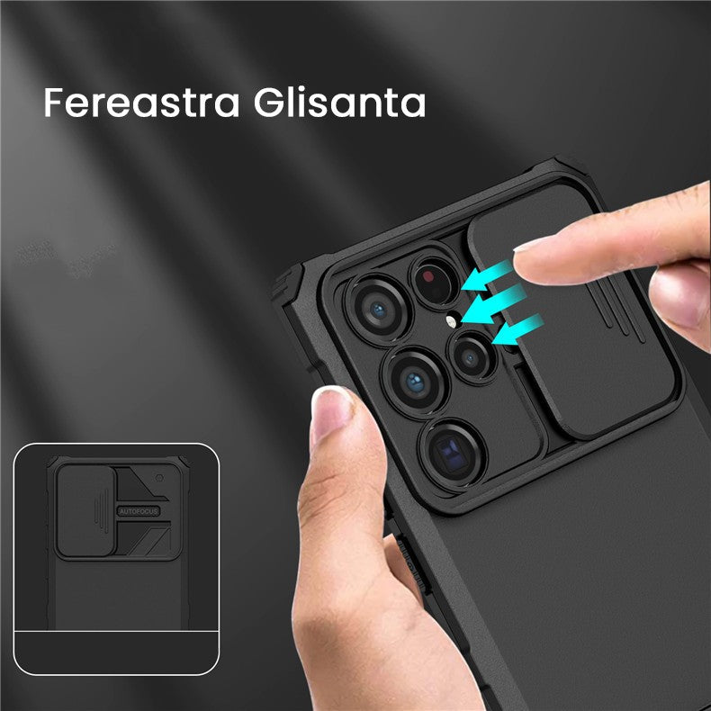 Husa Defender cu Stand pentru Samsung Galaxy S24 FE, Vivimall, Suport reglabil, Antisoc, Protectie glisanta pentru camera, Negru - vivimall.ro