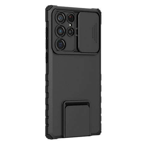Husă Defender neagră cu stand pentru Samsung Galaxy S24 FE, vedere frontală, plastic dur și silicon TPU