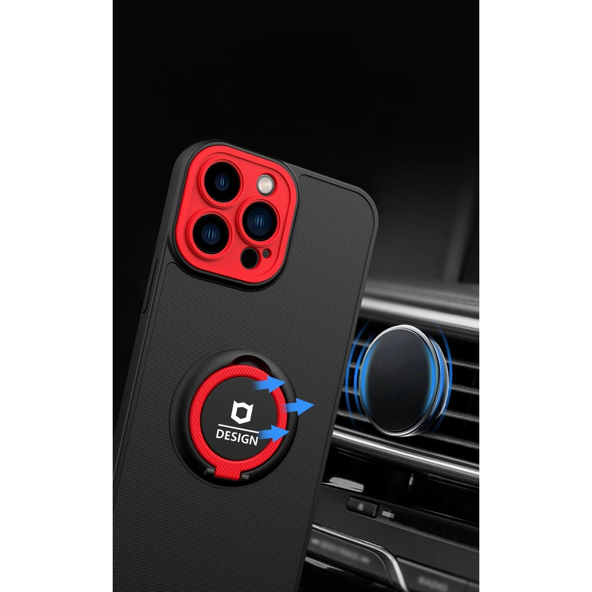 Husa de protectie Eagle eye pentru Apple iPhone 13, Rezistenta la socuri, Protectie camera, Cu inel de prindere magnetic rosu, Flippy, Negru - vivimall.ro