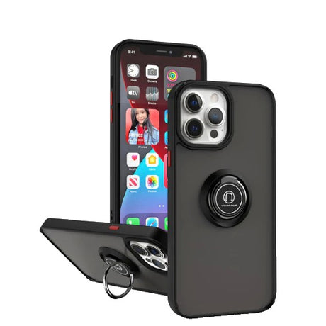 Husa Anti Fall Metal Bracket pentru Apple iPhone 14 Pro Max, Rezistenta la socuri, Margini colorate, Cu inel de prindere magnetic, Flippy, Negru - vivimall.ro