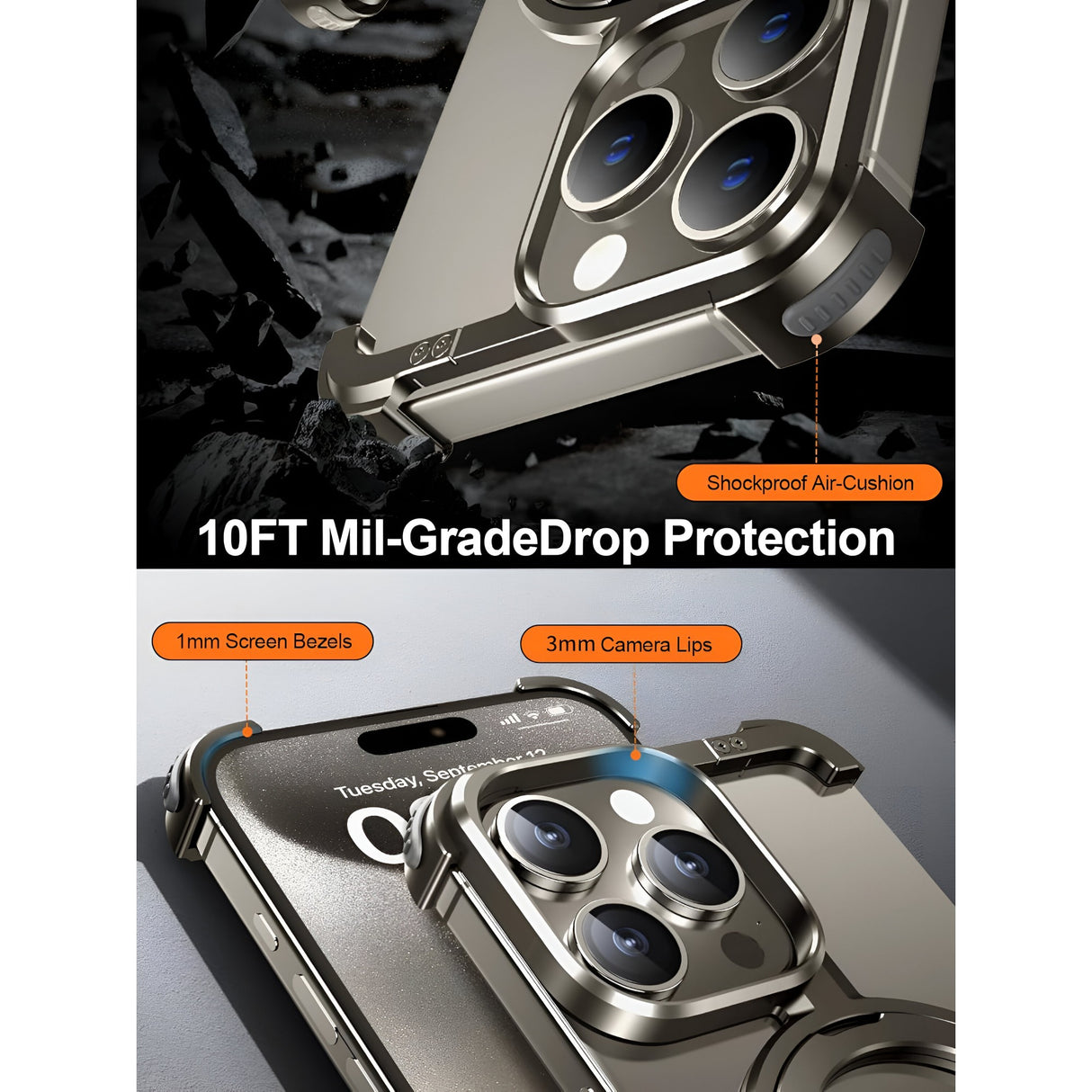 Husa MagSafe Metalica Compatibila cu iPhone 15 Pro, Vivimall, Clear Case, Aliaj de Aluminiu, cu Magnet, fara Rama, Antisoc, Antizgariere, Incarcare Wireless, Gri Metalizat - vivimall.ro