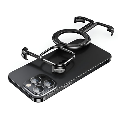 Husă iPhone 15 Pro Max MagSafe din aliaj de aluminiu negru metalizat, vedere frontală, design fără ramă