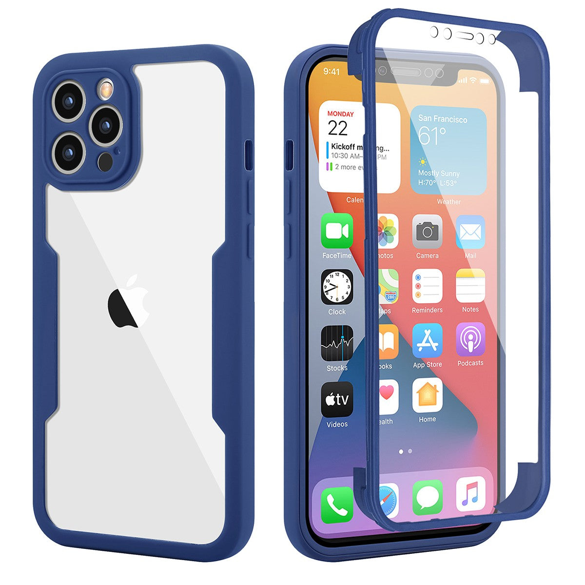 Husa Max Defence pentru iPhone 11 Pro, Bumper Albastru, Fata Dubla Transparenta, Protectie Antisoc Full 360 ( fata, spate, margini ), Flippy - vivimall.ro