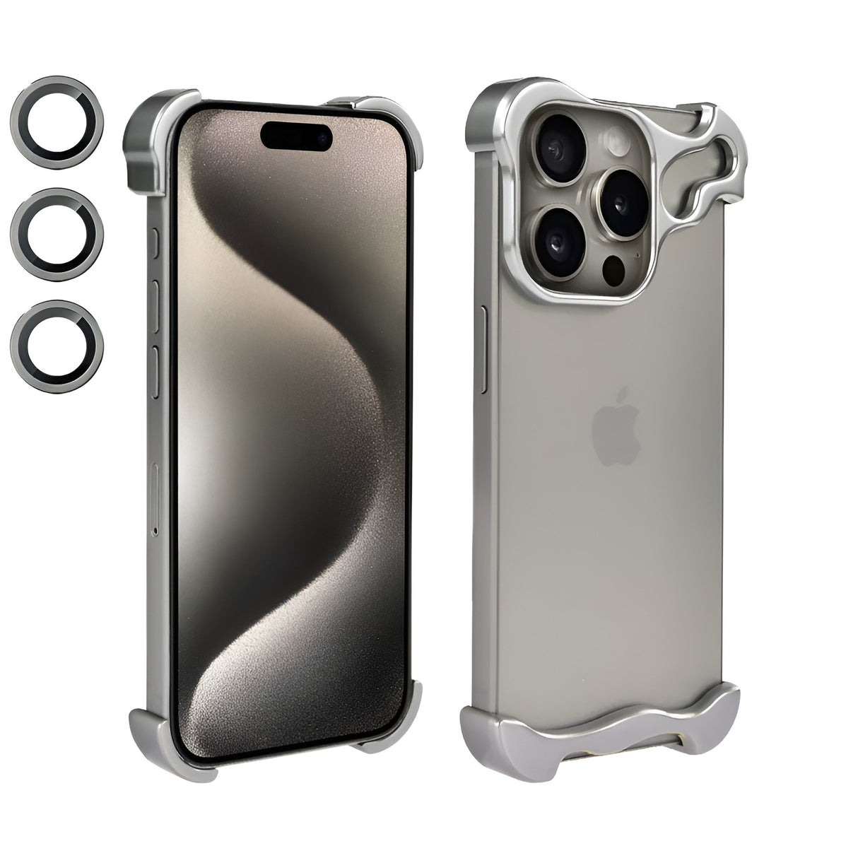Husa Metalica Compatibila cu iPhone 15 Pro, Protectie pentru Colturile Telefonului si Camera, Lentile pentru Obiective, Aliaj, Antisoc, Antizgariere, Argintiu - vivimall.ro