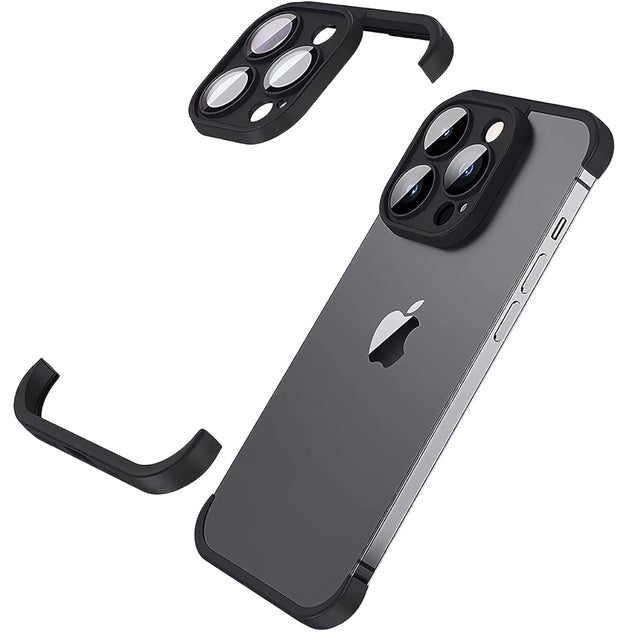 Husa Metalica Edgeless Compatibila cu iPhone 15 Pro, Vivimall, Protectie pentru Colturi si Camera, Aliaj, Antisoc, Antizgariere, Negru Metalizat - vivimall.ro