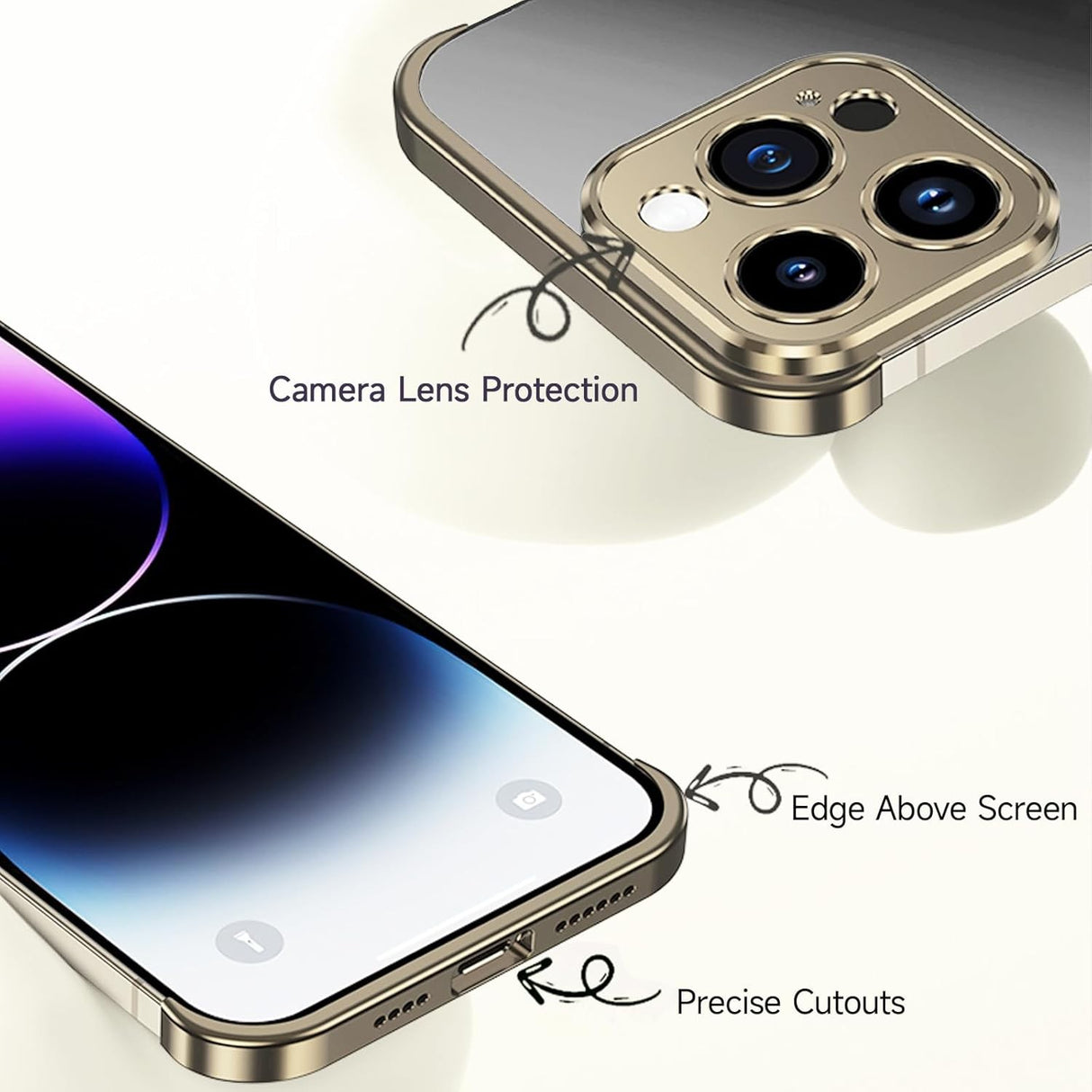 Husa Metalica Edgeless Compatibila cu iPhone 16 Plus, Vivimall, Protectie pentru Colturi si Camera, Aliaj Aluminiu, Antisoc, Antizgariere, Auriu - vivimall.ro