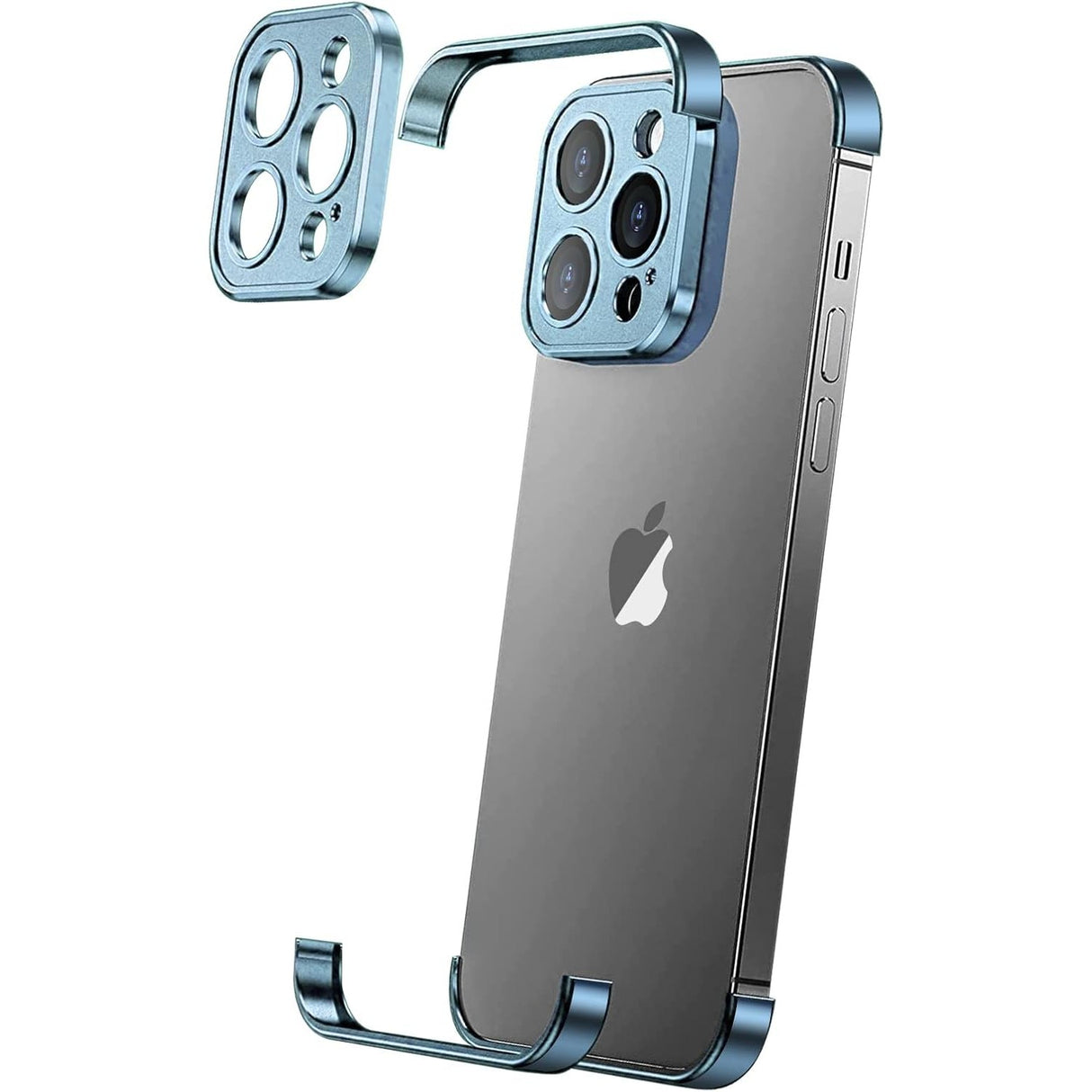 Husă metalică Edgeless albastră pentru iPhone 16 Pro, vedere frontală, set trei capace aluminiu
