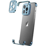 Husă metalică Edgeless albastră pentru iPhone 16 Pro, vedere frontală, set trei capace aluminiu