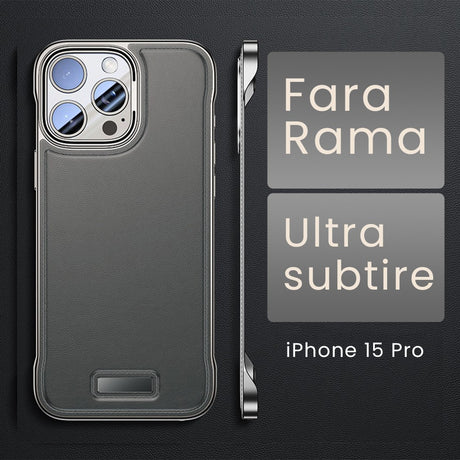Detaliu husă slim iPhone 15 Pro gri, profil subțire și acces la porturi, unghi lateral