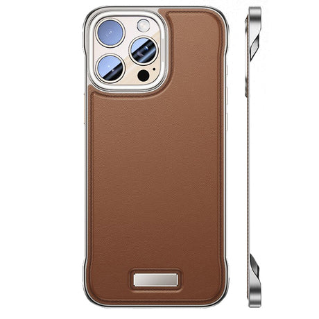 Husă iPhone 15 Pro Max din piele PU maro, design subțire fără margini, vedere frontală