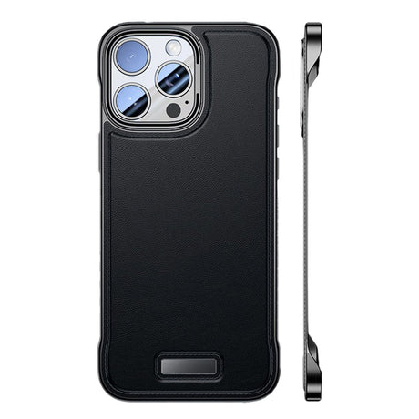 Husă iPhone 16 din piele PU neagră, design subțire fără margini, vedere frontală și spate