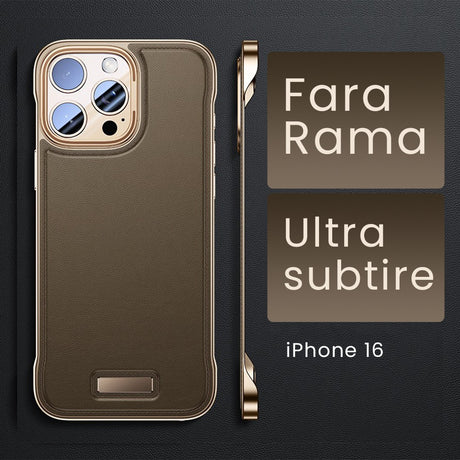 Detaliu husă iPhone 16 piele PU Desert Gold, decupaje precise pentru cameră și butoane