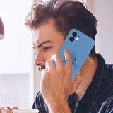Husa protectie Flippy compatibila cu Apple iPhone 12 Liquid Silicone Ring cu suport rotativ Albastru - vivimall.ro