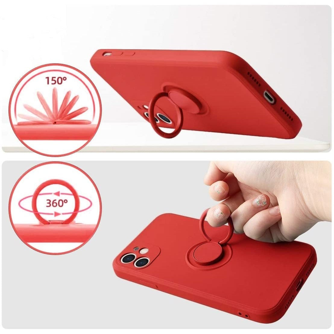 Husa protectie Flippy compatibila cu Apple iPhone 12 Liquid Silicone Ring cu suport rotativ Rosu - vivimall.ro
