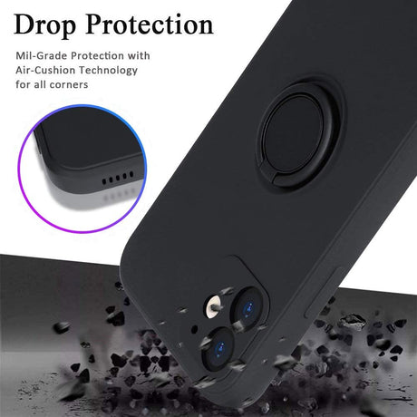 Husa protectie Flippy compatibila cu Apple iPhone 12 Mini Liquid Silicone Ring cu suport rotativ Negru - vivimall.ro