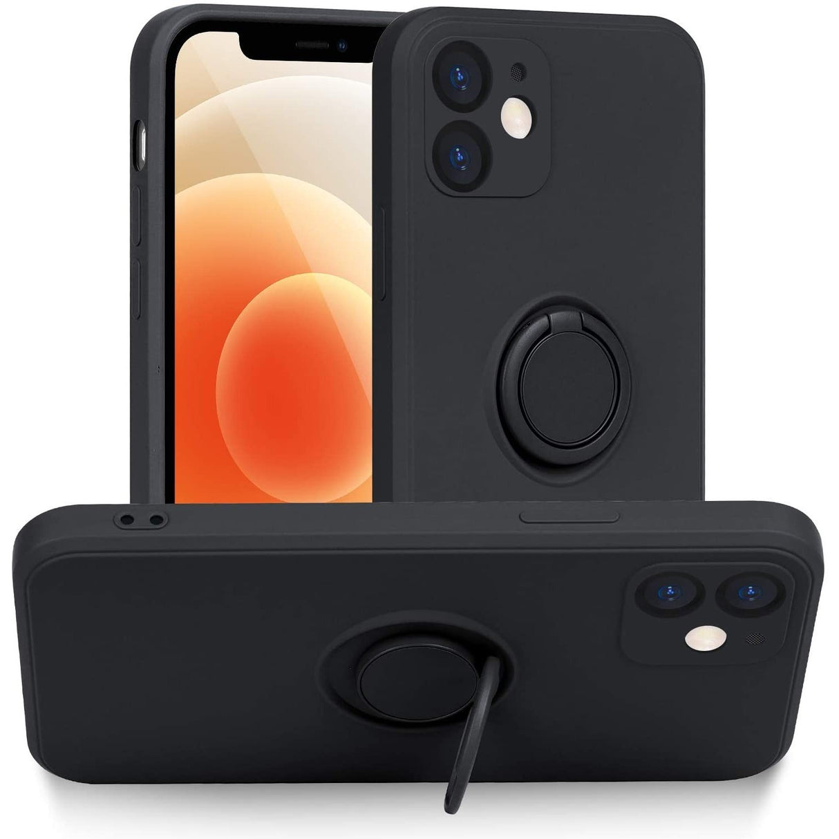 Husa protectie Flippy compatibila cu Apple iPhone 12 Mini Liquid Silicone Ring cu suport rotativ Negru - vivimall.ro