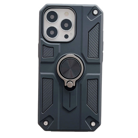 Husă iPhone 13 Pro Defender Model 5 neagră cu inel rotativ metalic 360°, vedere frontală