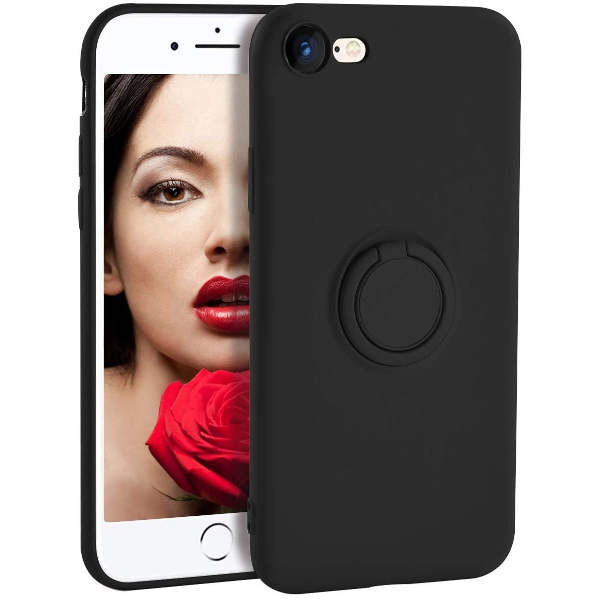 Husa protectie Flippy compatibila cu Apple iPhone 7/8/SE 2020 Liquid Silicone Ring cu suport rotativ Negru - vivimall.ro