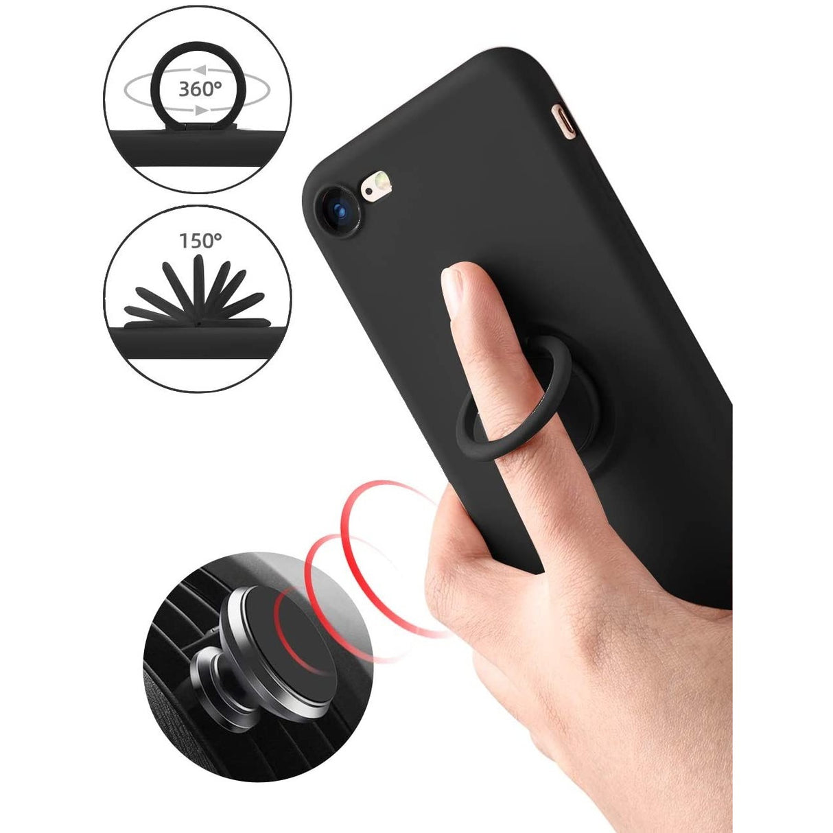 Husa protectie Flippy compatibila cu Apple iPhone 7/8/SE 2020 Liquid Silicone Ring cu suport rotativ Negru - vivimall.ro