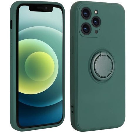 Husă iPhone XR din silicon lichid verde cu inel rotativ 360°, vedere frontală a hussei pe telefon
