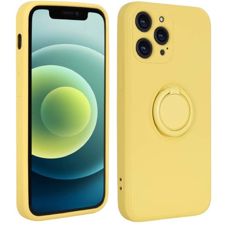 Husă Samsung Galaxy A51 4G din silicon lichid galben cu inel rotativ 360°, vedere frontală