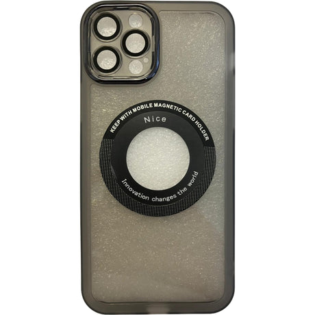 Husă magnetică neagră pentru iPhone 12 și 12 Pro cu decupaj logo Apple, vedere frontală și spate