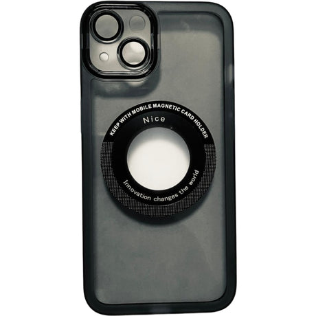 Husă iPhone 14 magnetică neagră cu decupaj logo Apple, vedere frontală și spate, model Vivimall