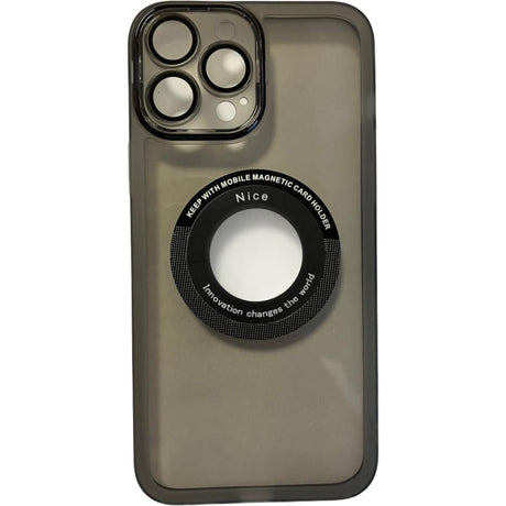 Husă iPhone 14 Pro Max neagră cu decupaj logo Apple și sistem magnetic, vedere frontală