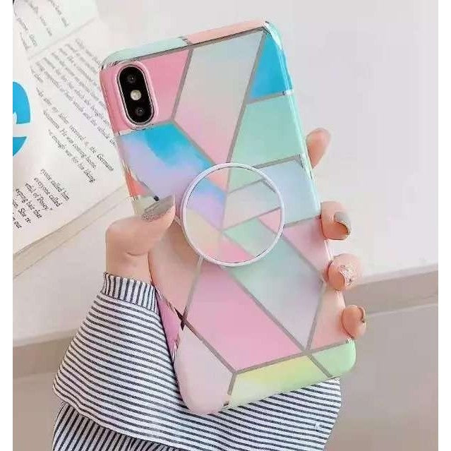 Husa protectie pentru Apple iPhone X/XS Soft IMD TPU Marble Geometric Roz Suport inclus - vivimall.ro