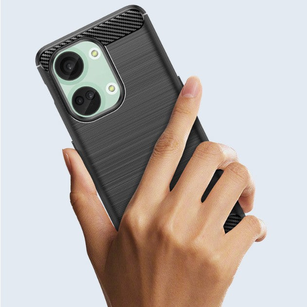 Husa Protectie pentru OnePlus Nord 3, Vivimall, din Silicon TPU Moale, Textura Periat, Anti Cadere, cu Element Carbon, Negru - vivimall.ro