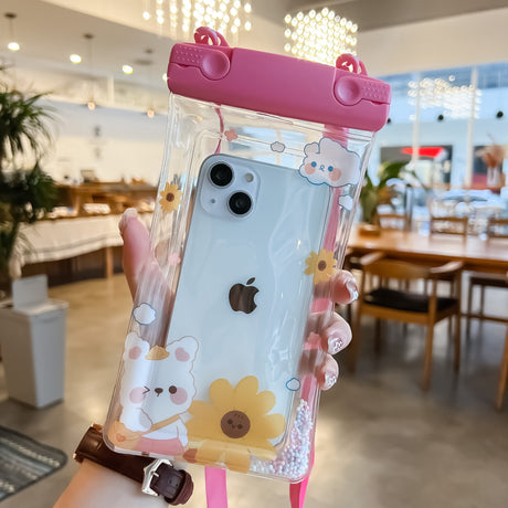 Husa subacvatica Fruity Waterproof Flippy, Snowproof, Universala, Impermeabila, cu Snur, pentru telefon sau documente, Flower Bear, Roz - vivimall.ro