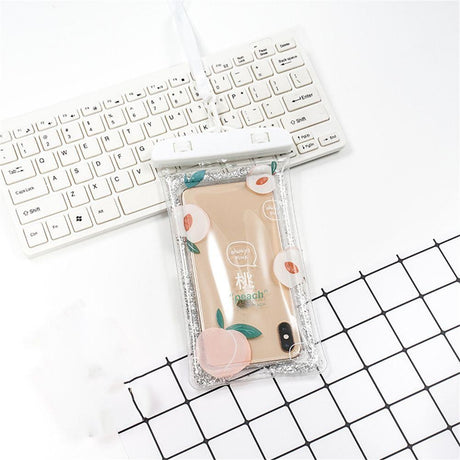 Husa subacvatica Glitter Kids Waterproof Flippy, Snowproof, Universala, cu Snur, pentru telefon sau documente, Peach, Alb - vivimall.ro