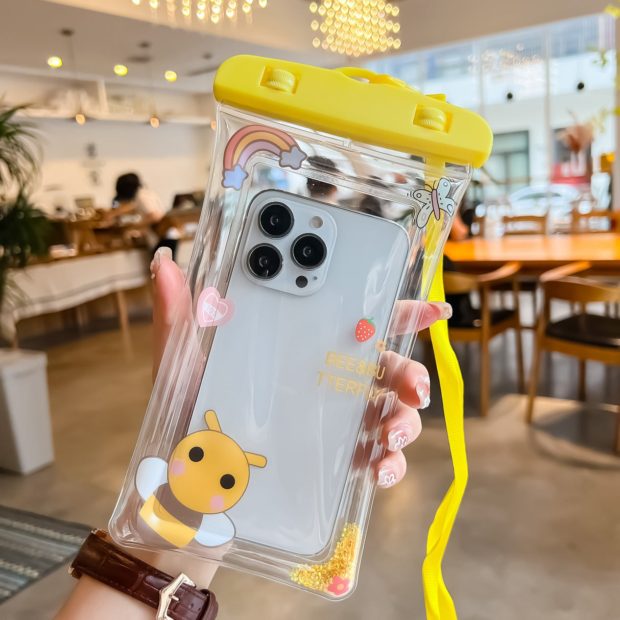 Husa subacvatica Glitter Kids Waterproof Flippy, Snowproof, Universala, cu Snur, pentru telefon sau documente, Bee, Galben - vivimall.ro