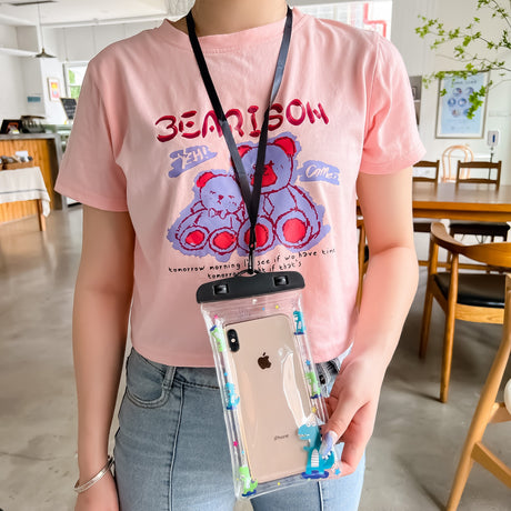 Husa subacvatica Kids Waterproof Flippy, Snowproof, Universala, cu Snur, pentru telefon sau documente, Dino, Negru - vivimall.ro