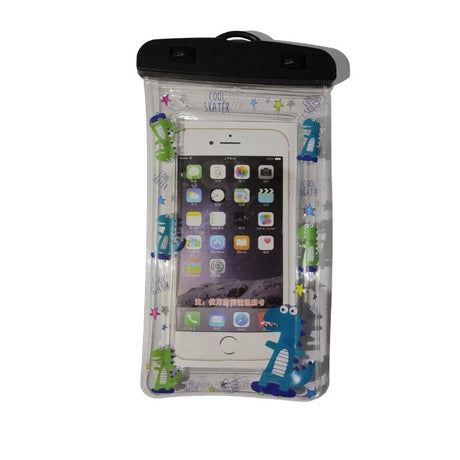 Husa subacvatica Kids Waterproof Flippy, Snowproof, Universala, cu Snur, pentru telefon sau documente, Dino, Negru - vivimall.ro