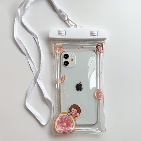 Husa subacvatica Kids Waterproof Flippy, Snowproof, Universala, cu Snur, pentru telefon sau documente, Grapefruit Girl, Alb - vivimall.ro