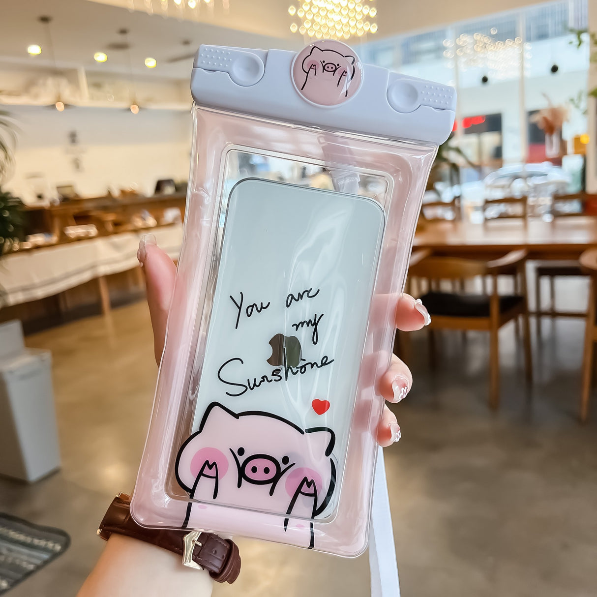 Husa subacvatica Mascot Waterproof Flippy, Snowproof, Universala, cu Snur, pentru telefon sau documente, Piggy, Roz - vivimall.ro