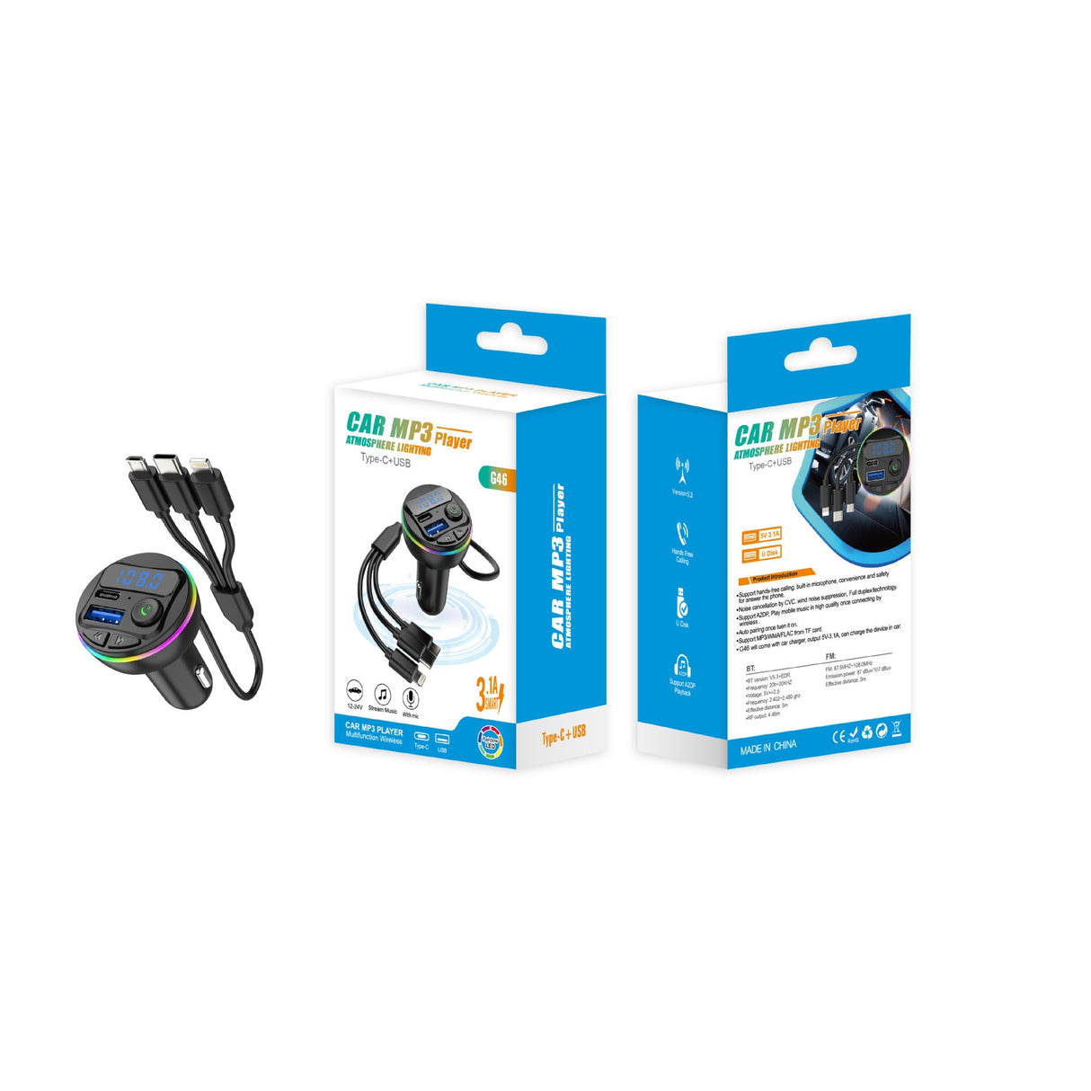 Încărcător auto cu MP3, USB + Type-C, Bluetooth, 3 mufe | PowerMax - vivimall.ro