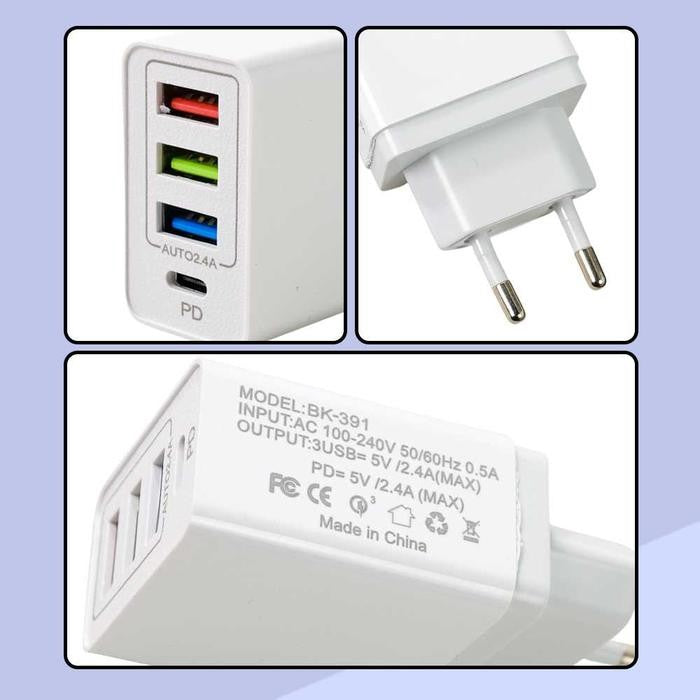 Incarcator Fast Charge pentru Telefon 32W, Vivimall, Incarcator Quick Charge cu 3 Porturi USB-A 3.1A & 1 USB-C, Power Delivery 32W, Cap Standard European, Alb - vivimall.ro