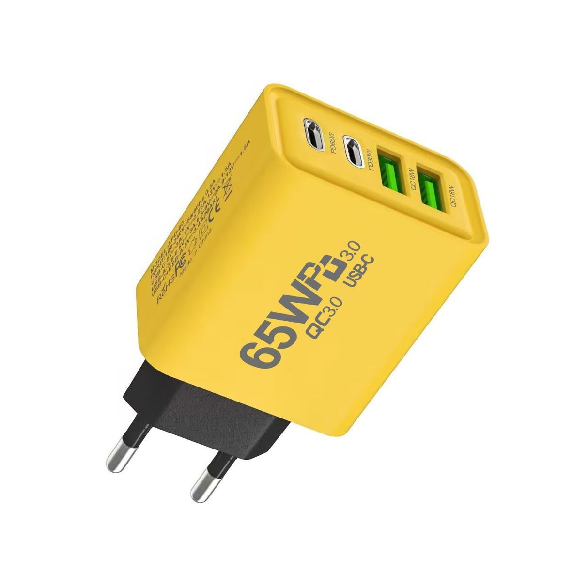 Incarcator Fast Charge pentru Telefon 65W, Vivimall, Incarcator Quick Charge cu 2 Porturi USB-A 3.1A & 2 Porturi USB-C, Power Delivery 65W, Cap Standard European, Galben - vivimall.ro