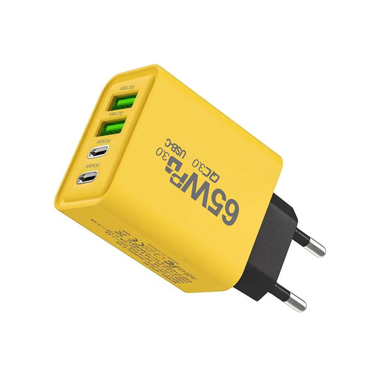 Incarcator Fast Charge pentru Telefon 65W, Vivimall, Incarcator Quick Charge cu 2 Porturi USB-A 3.1A & 2 Porturi USB-C, Power Delivery 65W, Cap Standard European, Galben - vivimall.ro