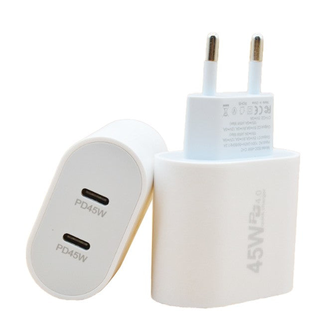 Încărcător Fast Charge Vivimall 45W Dual Port USB Type-C, design compact alb, vedere frontală