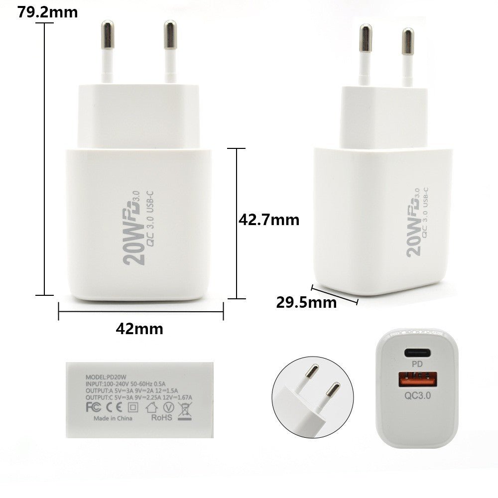 Incarcator Fast Charging pentru Telefon, Vivimall, Dual Port USB-A si USB-C cu Cap de Incarcare Standard European, Power Delivery 20W Q.C 3.0, Alb - vivimall.ro