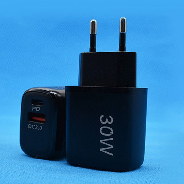 Incarcator Fast Charging pentru Telefon, Vivimall, Dual Port USB-A si USB-C cu Cap de Incarcare Standard European, 30W Q.C 3.0, Negru - vivimall.ro