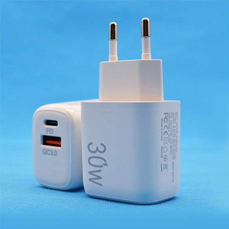 Incarcator Fast Charging pentru Telefon, Vivimall, Dual Port USB-A si USB-C cu Cap de Incarcare Standard European, 30W Q.C 3.0, Alb - vivimall.ro