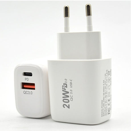 Incarcator Fast Charging pentru Telefon, Vivimall, Dual Port USB-A si USB-C cu Cap de Incarcare Standard European, Power Delivery 20W Q.C 3.0, Alb - vivimall.ro