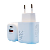 Încărcător Fast Charging 30W Vivimall, dual port USB-A și USB-C, cap european, culoare albă — vedere frontală