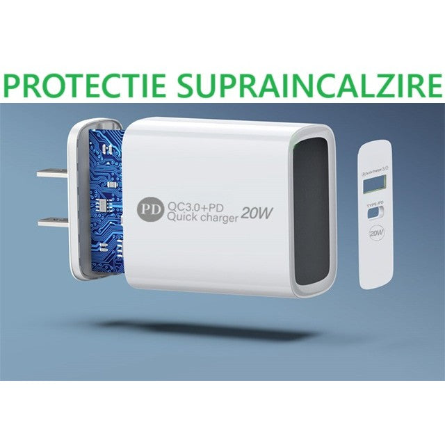 Incarcator Rapid PD QC3.0, Vivimall, 2 Porturi, USB + Type C, 20W, Incarcare Rapida, Protectie Supraincalzire, 9.5 x 5.3 x 5.8 cm, Alb - vivimall.ro