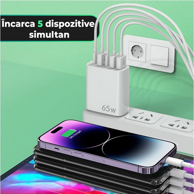 Incarcator Retea, Vivimall, 5 Porturi, 65W Fast Charge, 3 x USB, 2 x Type-C, Universal Compatibil iPhone, Huawei, Samsung, Xiaomi, Alb - vivimall.ro